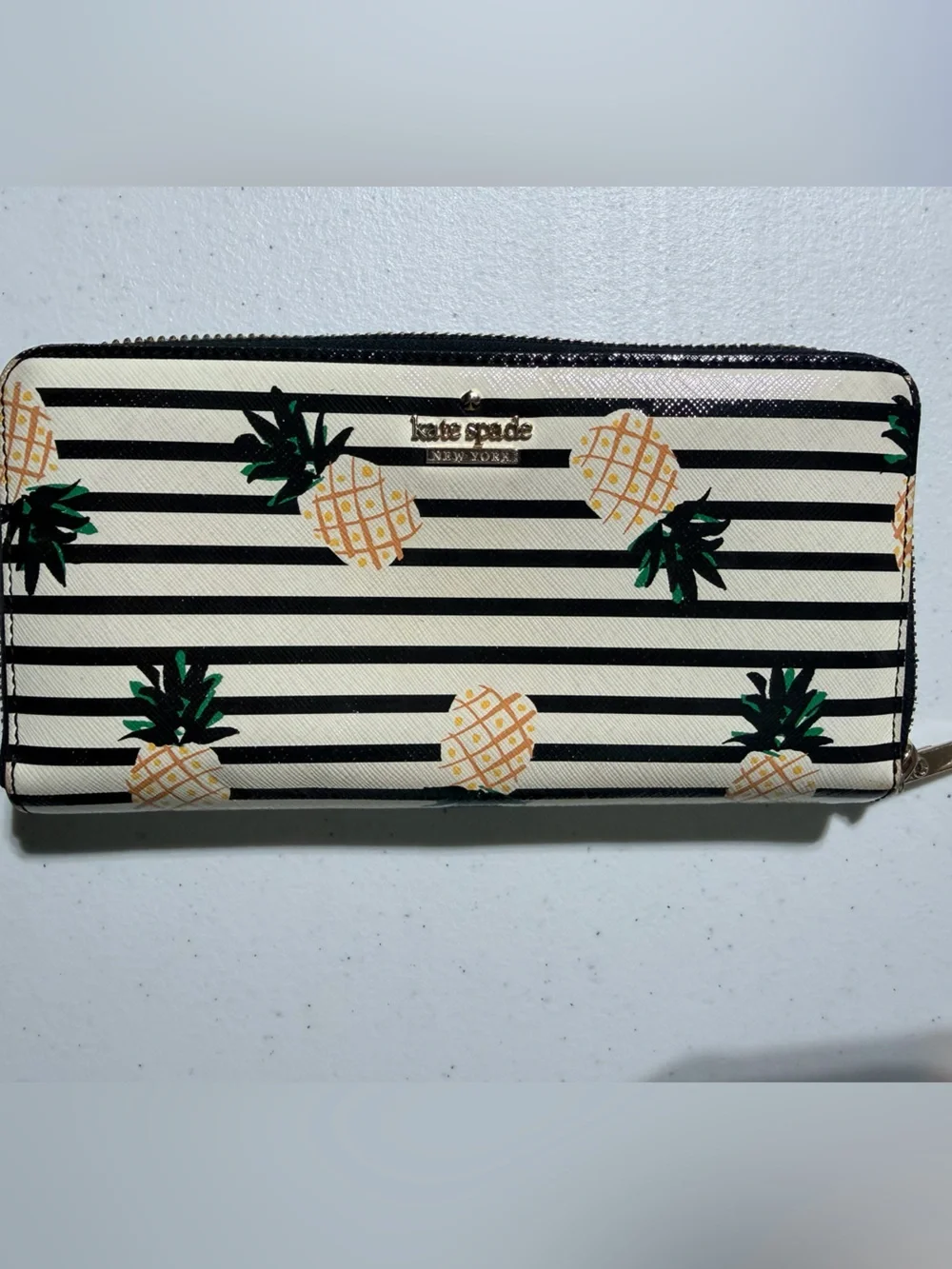 kate spade Black & Cream Striped Pineapple Zip Wallet